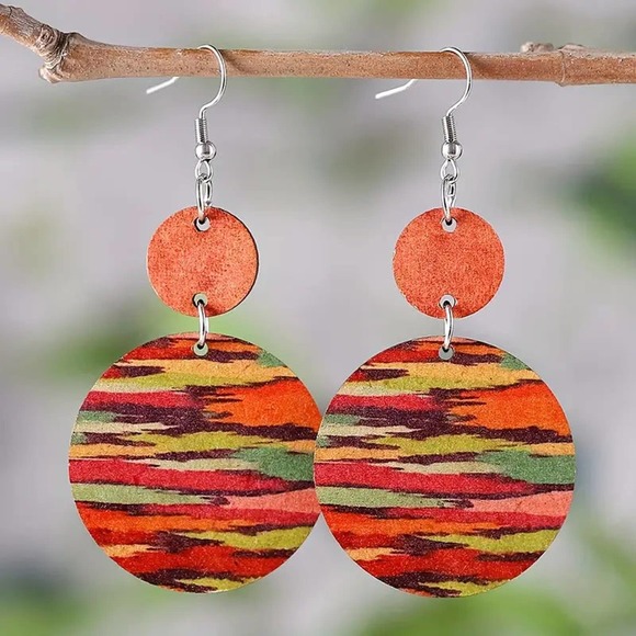 Colorful Stripped Wooden Water Print Double Round Dangle Earrings Bohemian Style - Picture 1 of 2